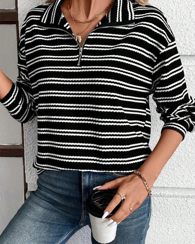 Black Stripe Textured Quarter Zip Collar Long Sleeve Top - Sleekdenim.com