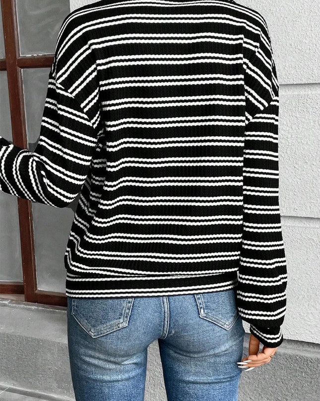 Black Stripe Textured Quarter Zip Collar Long Sleeve Top - Sleekdenim.com