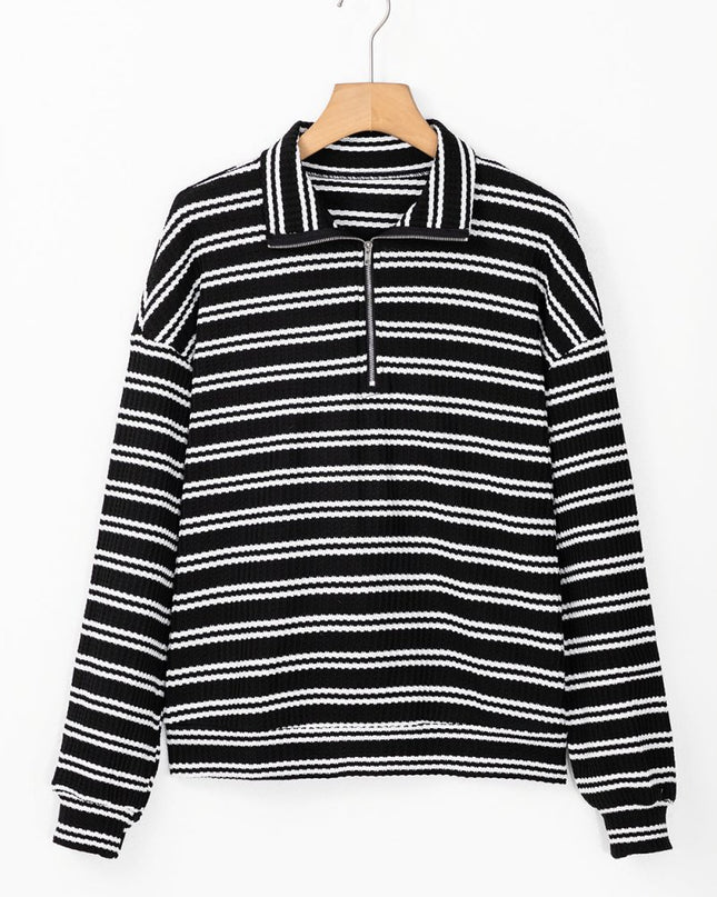 Black Stripe Textured Quarter Zip Collar Long Sleeve Top - Sleekdenim.com