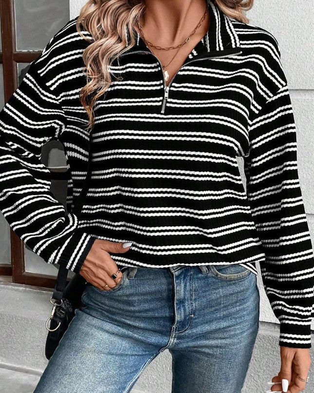 Black Stripe Textured Quarter Zip Collar Long Sleeve Top - Sleekdenim.com
