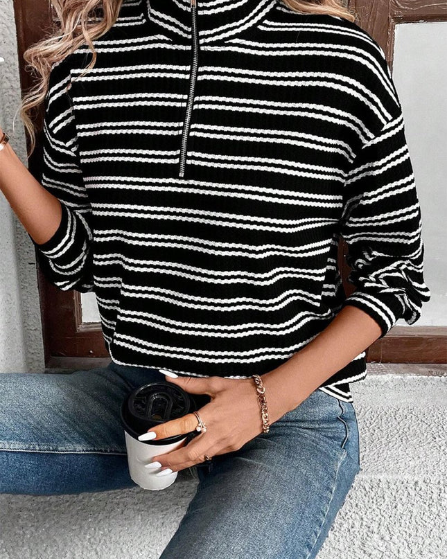 Black Stripe Textured Quarter Zip Collar Long Sleeve Top - Sleekdenim.com