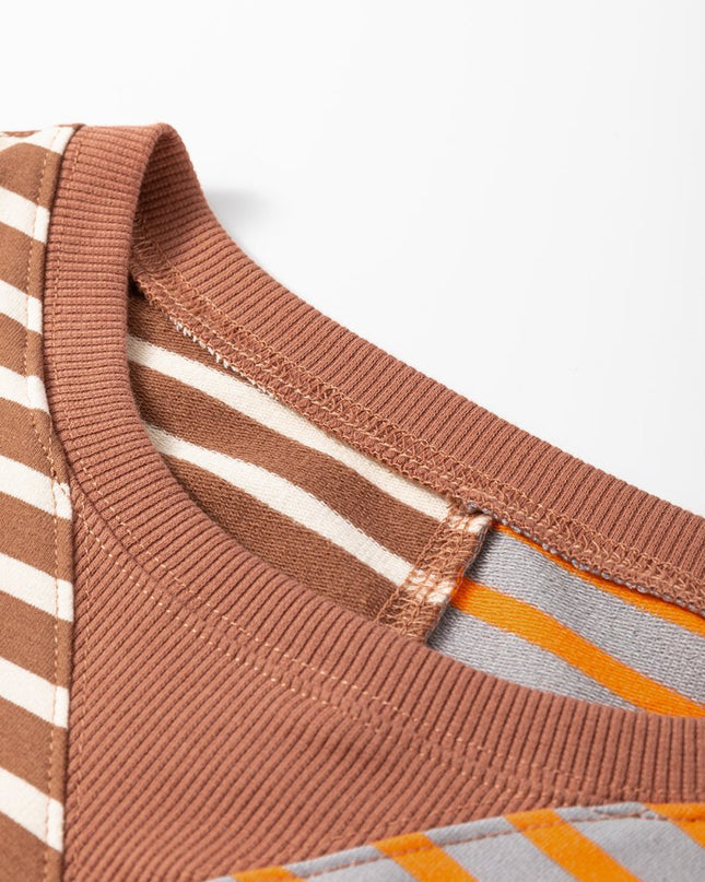 Brown Stripe Colorblock Drop Shoulder Oversize Sweatshirt - Sleekdenim.com
