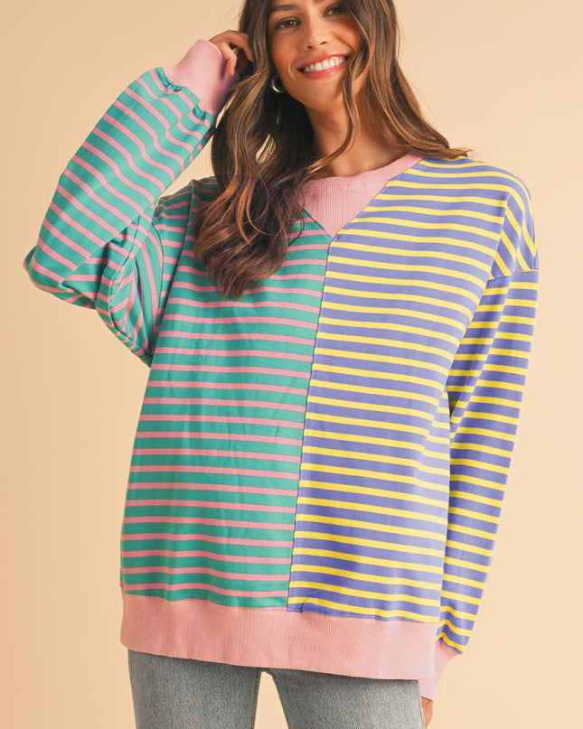 Brown Stripe Colorblock Drop Shoulder Oversize Sweatshirt - Sleekdenim.com