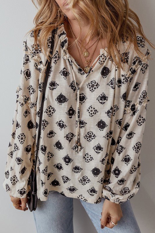 Bubble Sleeve Split Neck Loose Blouse - Sleekdenim.com