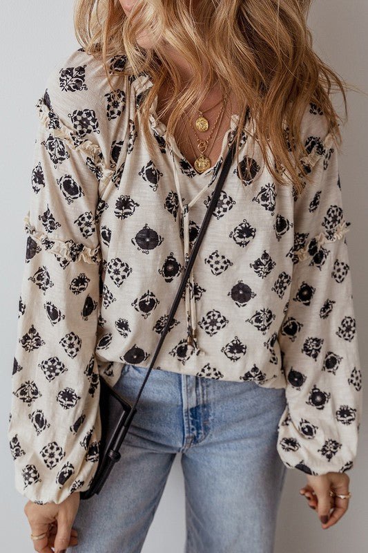 Bubble Sleeve Split Neck Loose Blouse - Sleekdenim.com