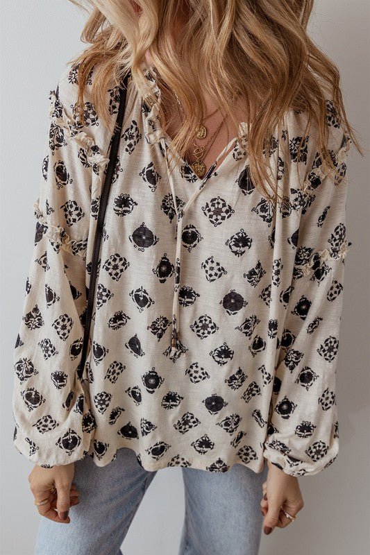 Bubble Sleeve Split Neck Loose Blouse - Sleekdenim.com