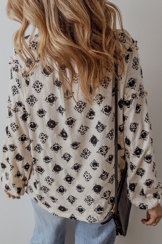 Bubble Sleeve Split Neck Loose Blouse - Sleekdenim.com