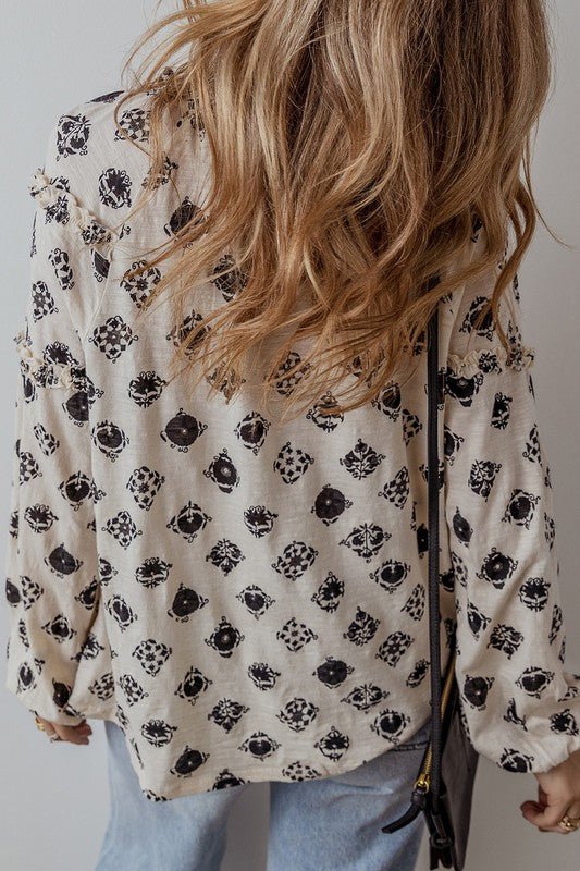 Bubble Sleeve Split Neck Loose Blouse - Sleekdenim.com