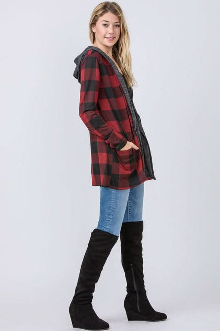 Buffalo Plaid Hooded Cardigan - Sleekdenim.com