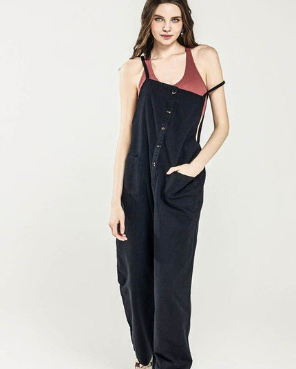 Button Down Sleeveless Overall Jumpsuit - Sleekdenim.com