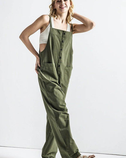 Button Down Sleeveless Overall Jumpsuit - Sleekdenim.com