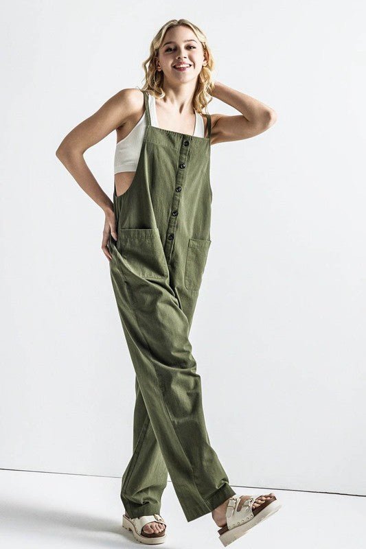 Button Down Sleeveless Overall Jumpsuit - Sleekdenim.com