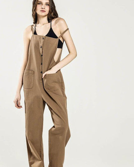 Button Down Sleeveless Overall Jumpsuit - Sleekdenim.com