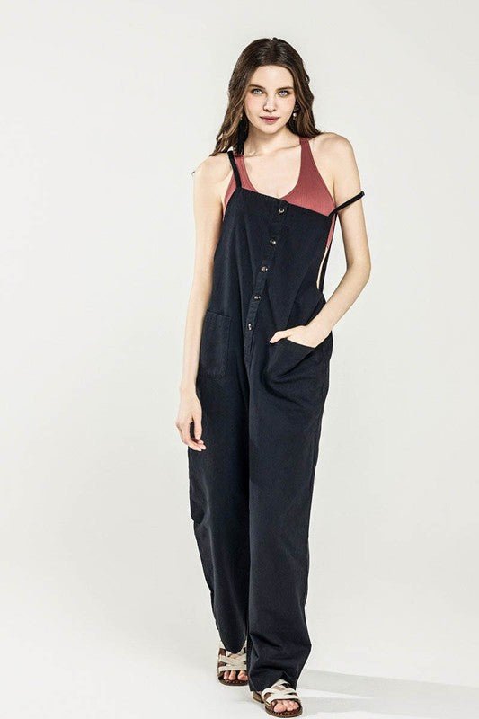 Button Down Sleeveless Overall Jumpsuit - Sleekdenim.com