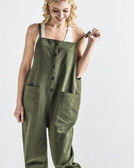 Button Down Sleeveless Overall Jumpsuit - Sleekdenim.com