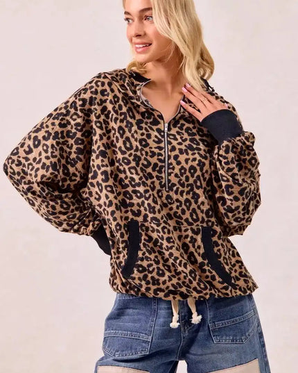 BiBi Leopard Print Waffle Half Zip Up Hoodie W Pocket - Sleekdenim.com