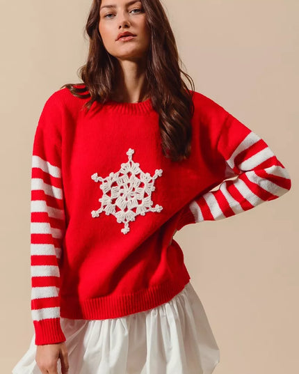SO ME Christmas Snowflake Crochet Embellished Sweater - Sleekdenim.com