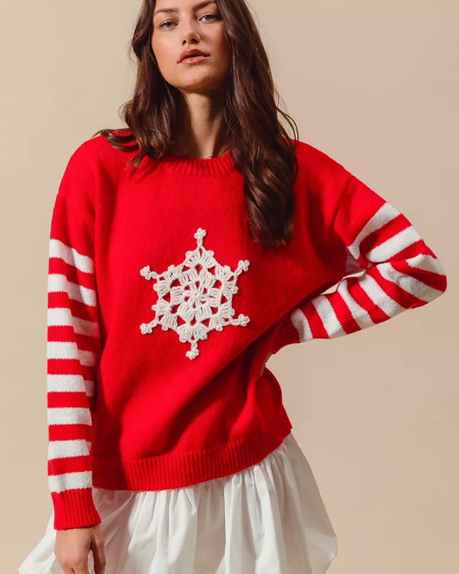 SO ME Christmas Snowflake Crochet Embellished Sweater - Sleekdenim.com