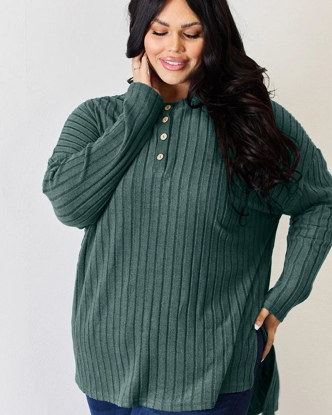 Basic Bae Full Size Ribbed Half Button Long Sleeve High-Low T-Shirt - Sleekdenim.com