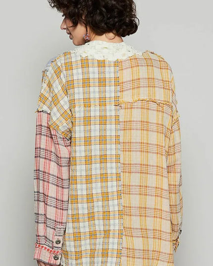 POL Raw Edge Plaid Open Front Cardigan - Sleekdenim.com