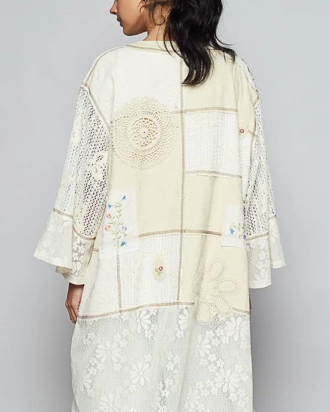 POL Double Gauze and Lace Mix Cardigan with Embroidered Detail - Sleekdenim.com