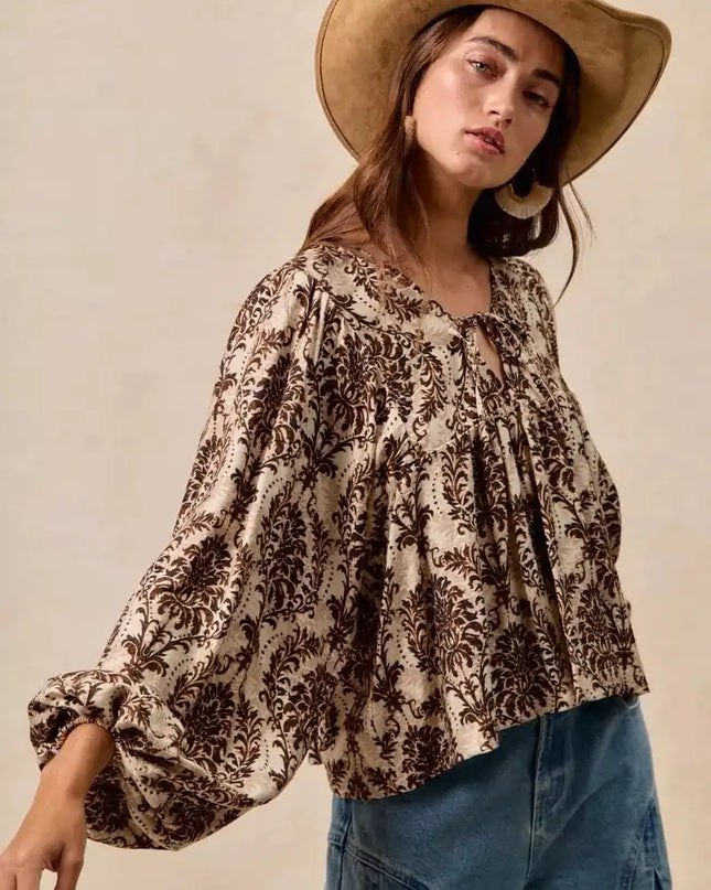 BiBi Printed Woven Front Tied Blouse with Baloon Sleeve - Sleekdenim.com