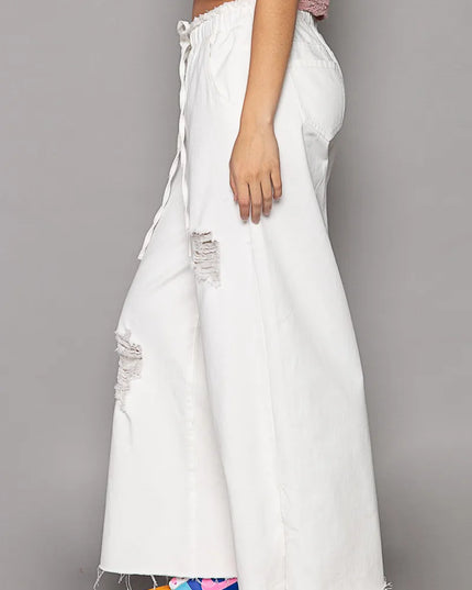 POL Distressed Drawstring Slit Wide leg Pants - Sleekdenim.com