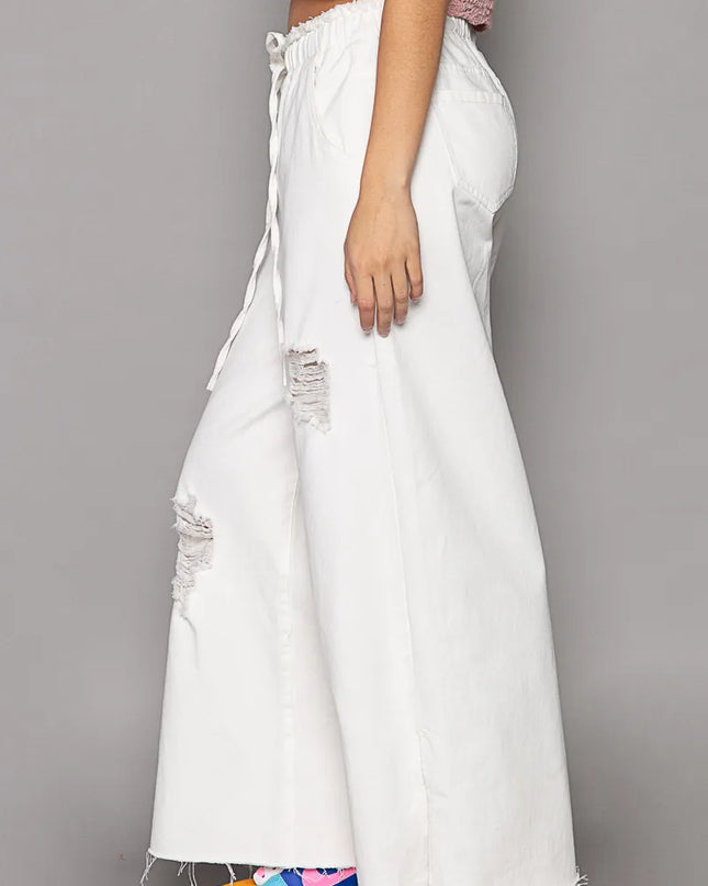 POL Distressed Drawstring Slit Wide leg Pants - Sleekdenim.com