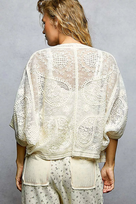 POL Open Front Crochet Cardigan with Floral Embroidery - Sleekdenim.com