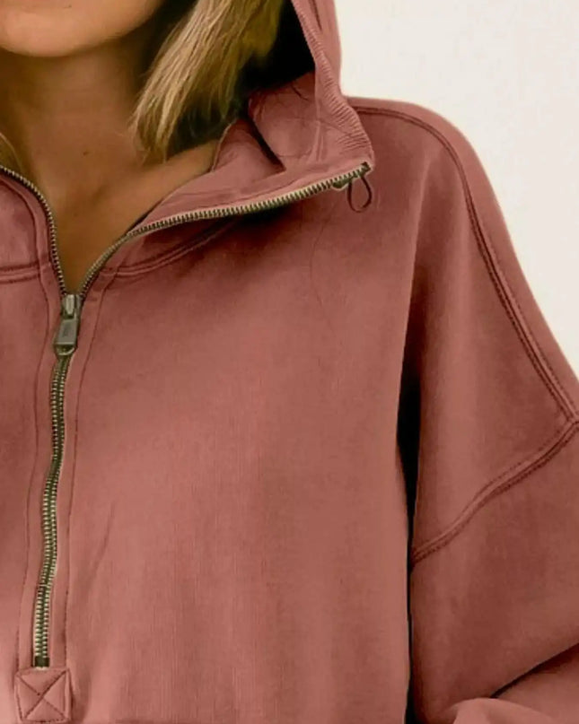 BiBi Stitch Detailed Elastic Hem Half Zip Fleece Hoodie - Sleekdenim.com