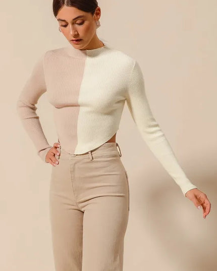SO ME Color Block Fitted Crop Sweater Top - Sleekdenim.com