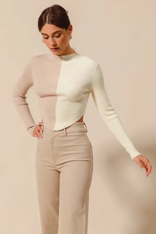 SO ME Color Block Fitted Crop Sweater Top - Sleekdenim.com