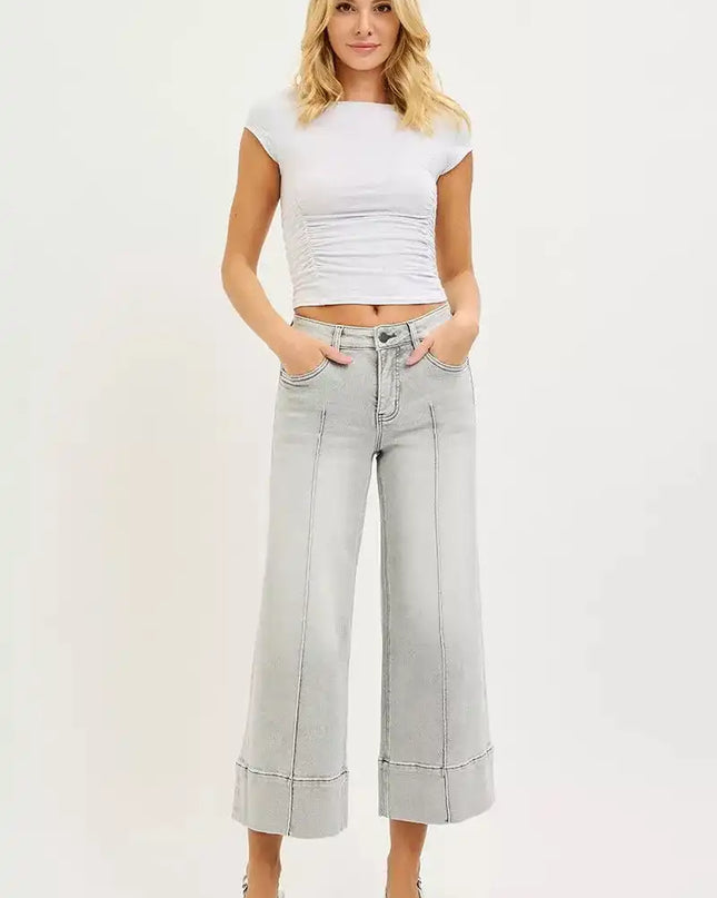RISEN Tummy Control Mid Rise Crop Wide Pintuck Front Jeans - Sleekdenim.com