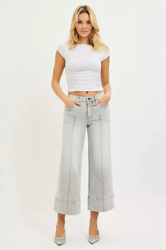 RISEN Tummy Control Mid Rise Crop Wide Pintuck Front Jeans PWC21271