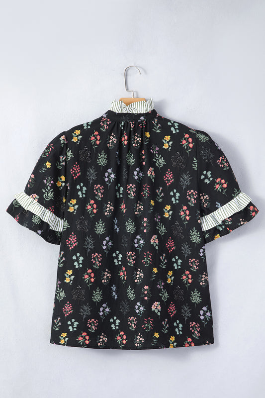 Black Contrast Frilled Trim Short Sleeve Floral Shirt - 5