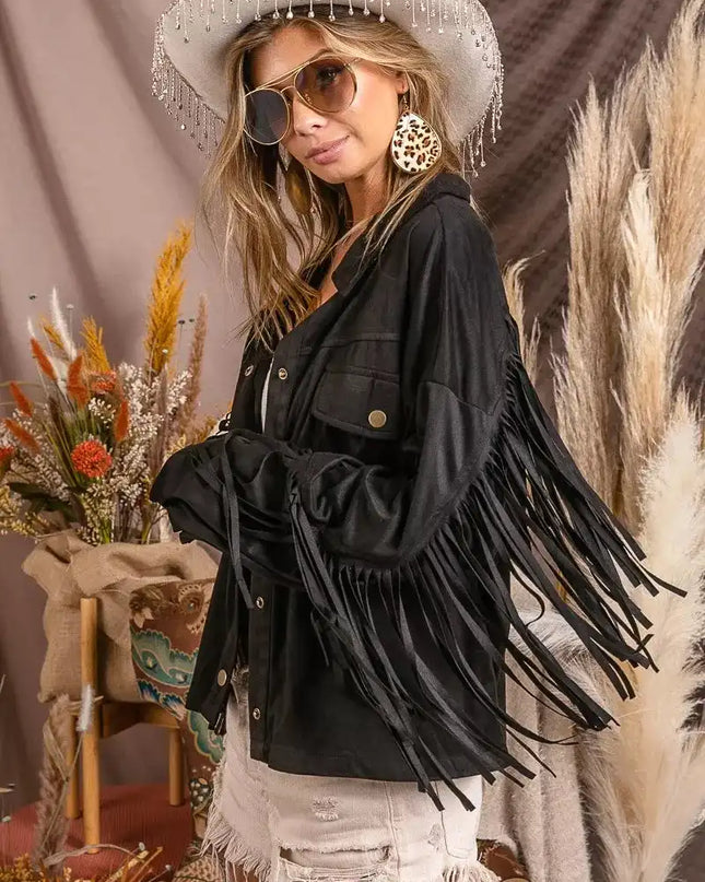 BiBi Suede Fringe Long Sleeve Jacket - Sleekdenim.com