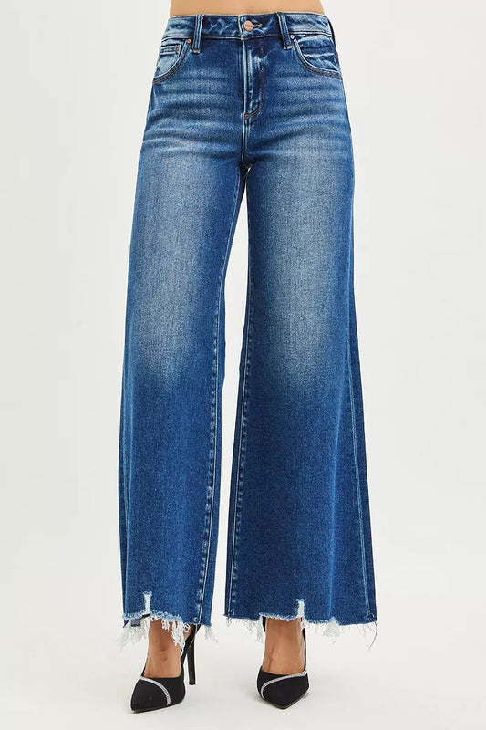 RISEN High Rise Wide Leg Jeans with Distressed Hem - Sleekdenim.com