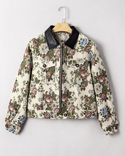 Floral Zip-Up Contrast Collared Jacket - Sleekdenim.com