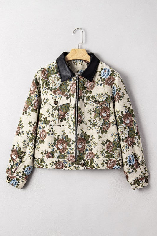 Floral Zip-Up Contrast Collared Jacket - Sleekdenim.com