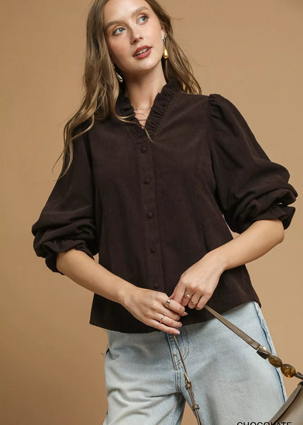 Umgee Corduroy Ruffle Shirt with Long Puff Sleeves - Sleekdenim.com