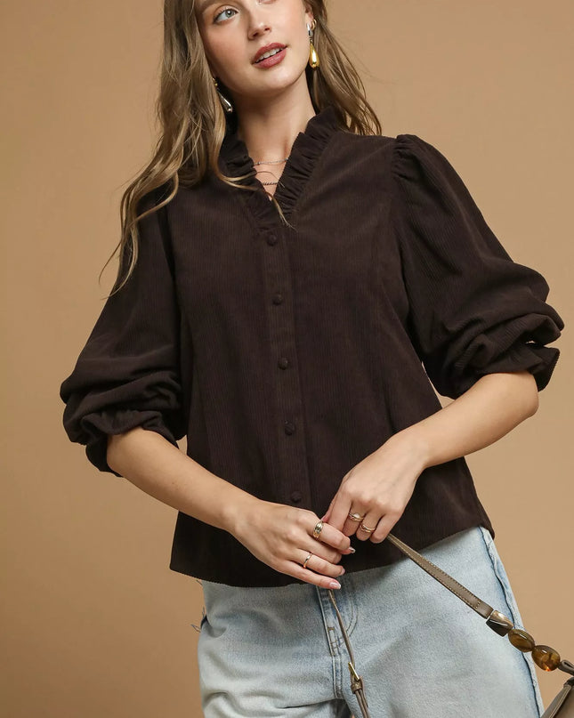 Umgee Corduroy Ruffle Shirt with Long Puff Sleeves - Sleekdenim.com