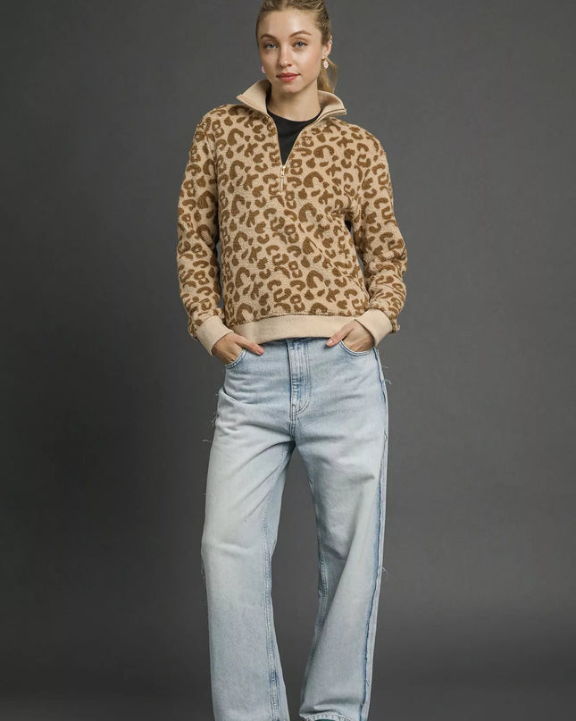 Umgee Leopard Print Quarter-Zip Sweatshirt - Sleekdenim.com