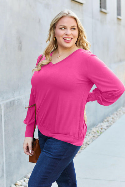 Basic Bae Full Size V-Neck Lantern Sleeve Top Hot Pink