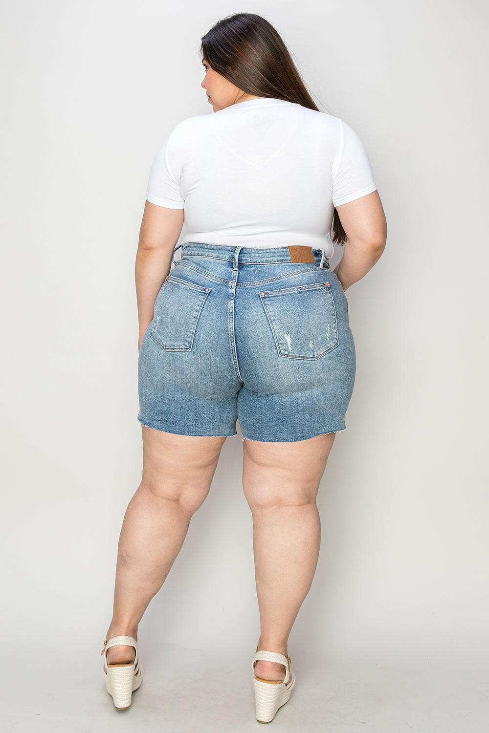 Judy Blue Full Size High Waist Raw Hem Denim Shorts.