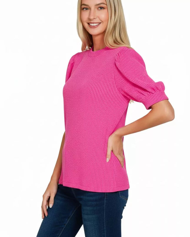Zenana Raised Rib Puff Sleeve Top - Sleekdenim.com