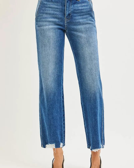 RISEN High Rise Ankle Straight Distressed Hem Detail Jeans - Sleekdenim.com