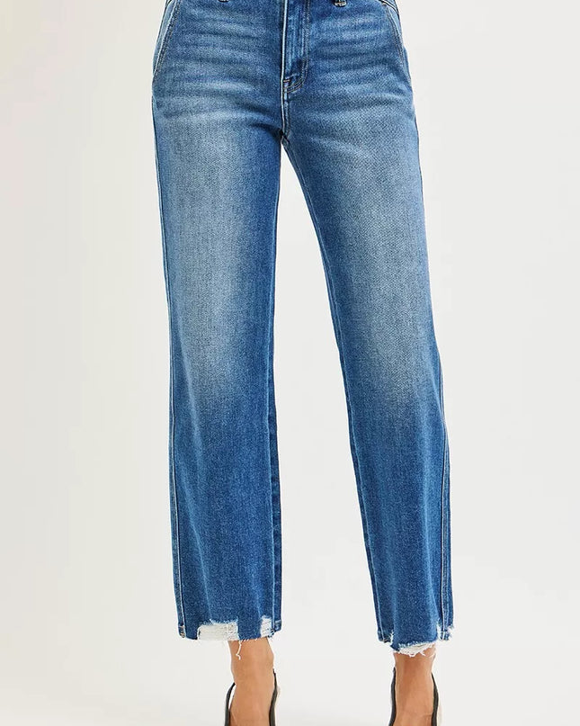 RISEN High Rise Ankle Straight Distressed Hem Detail Jeans - Sleekdenim.com