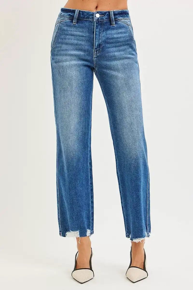 RISEN High Rise Ankle Straight Distressed Hem Detail Jeans - Sleekdenim.com