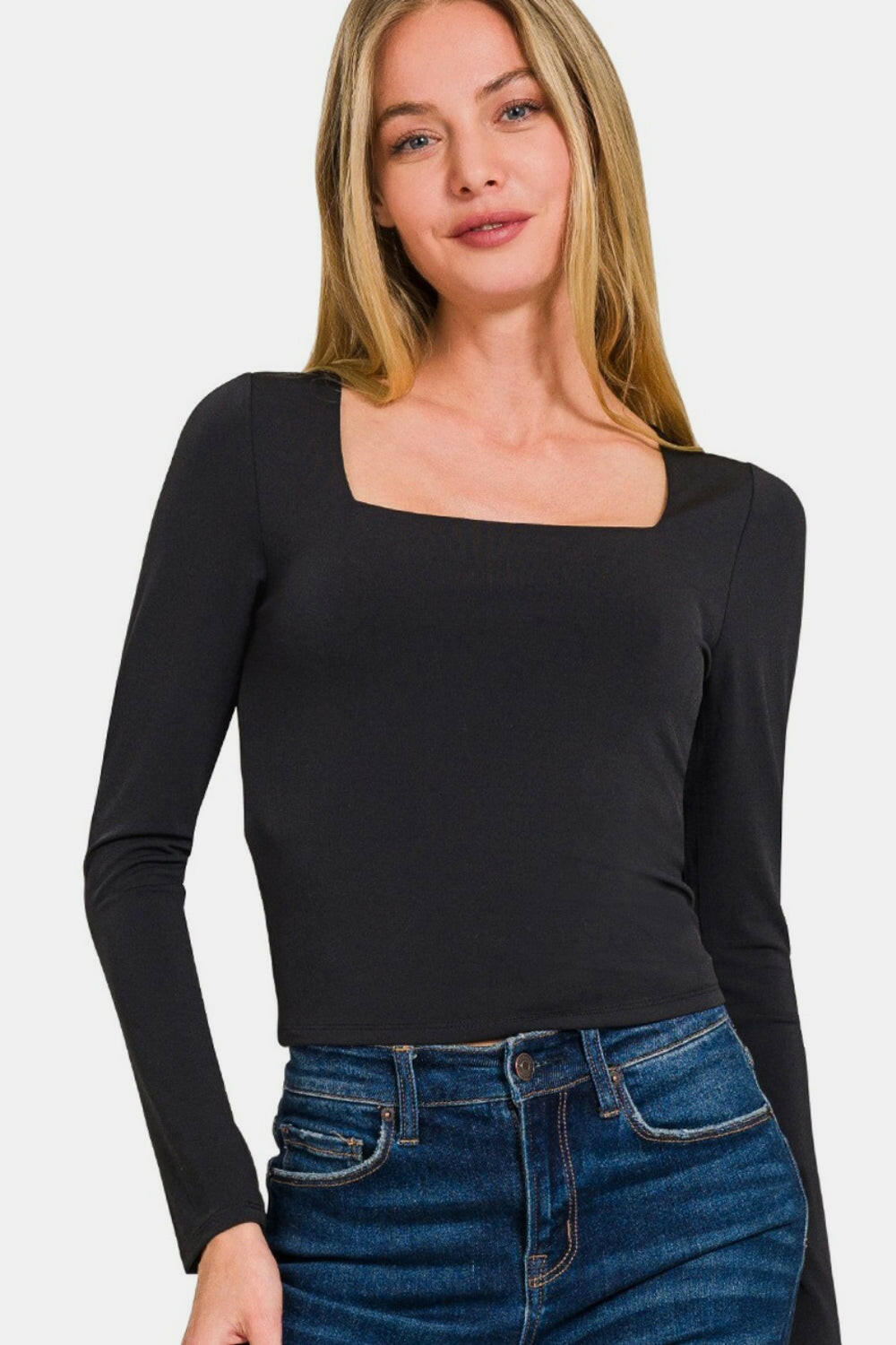 Zenana Square Neck Fitted Long Sleeve T-Shirt Black