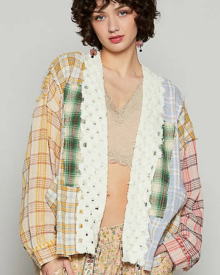 POL Raw Edge Plaid Open Front Cardigan - Sleekdenim.com